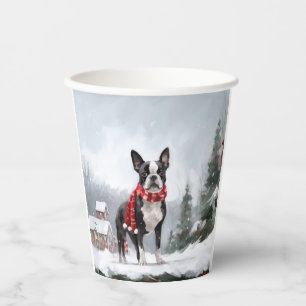 Boston Terrier Dog in Snow Christmas Paper Cups