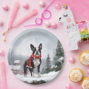 Boston Terrier Dog in Snow Christmas Paper Plates