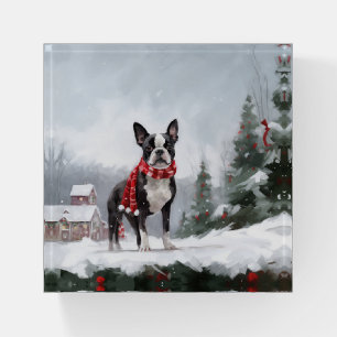 Boston Terrier Dog in Snow Christmas Paperweight