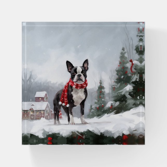 Boston Terrier Dog in Snow Christmas  Paperweight (Front)