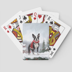 Boston Terrier Dog in Snow Christmas Poker Cards