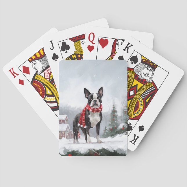 Boston Terrier Dog in Snow Christmas  Poker Cards (Back)