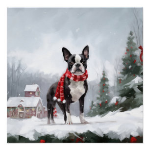 Boston Terrier Dog in Snow Christmas Poster