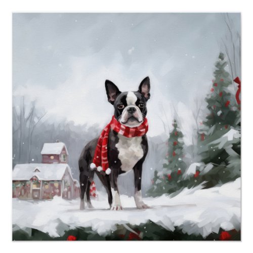 Boston Terrier Dog in Snow Christmas  Poster