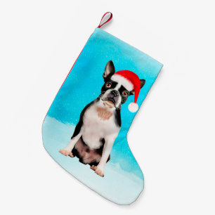 Boston Terrier Dog in Snow Christmas Santa Hat Small Christmas Stocking
