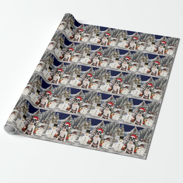 Boston Terrier Dog in Snow Christmas Santa Hat Wrapping Paper (Unrolled)