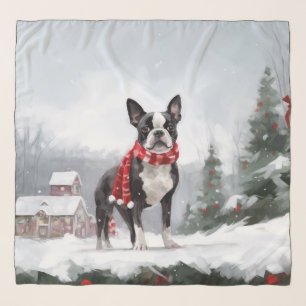 Boston Terrier Dog in Snow Christmas Scarf