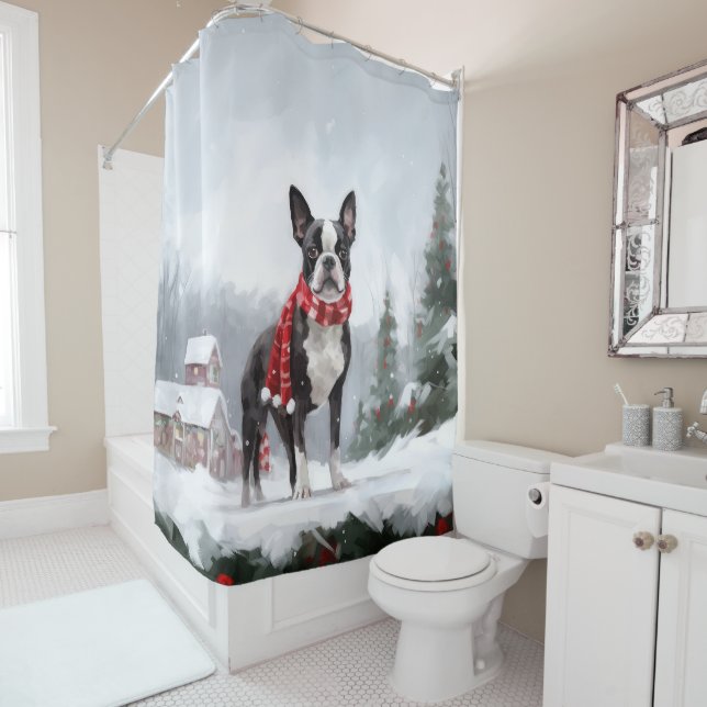 Boston Terrier Dog in Snow Christmas  Shower Curtain (In Situ)