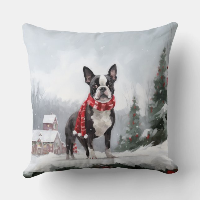 Boston Terrier Dog in Snow Christmas  Throw Pillow (Back)