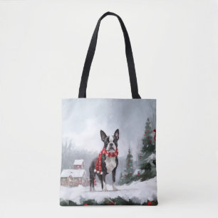 Boston Terrier Dog in Snow Christmas Tote Bag