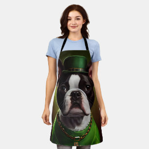 Boston Terrier dog in St. Patrick's Day Dress Apron