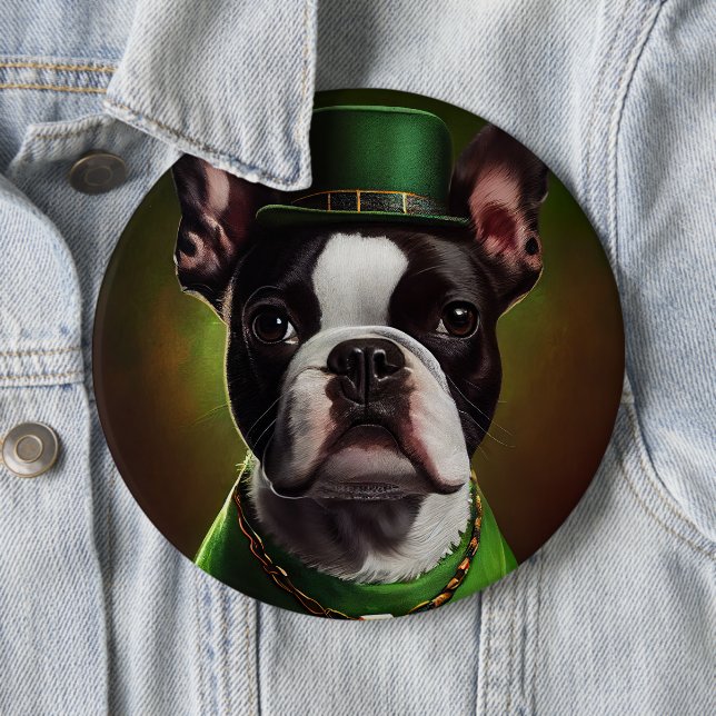Boston Terrier dog in St. Patrick's Day Dress Button (In Situ)