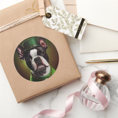 Boston Terrier dog in St Patricks Day Dress Classic Round Sticker