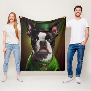 Boston Terrier dog in St. Patrick's Day Dress Fleece Blanket