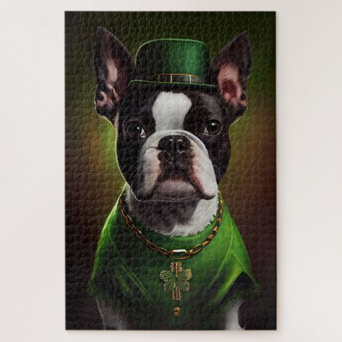 Boston Terrier dog in St Patricks Day Dress Jigsaw Puzzle