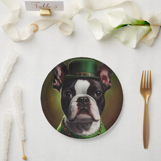 Boston Terrier dog in St. Patrick's Day Dress Paper Plates (Wedding)