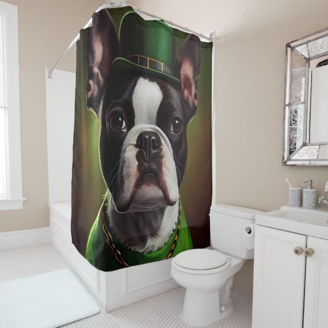 Boston Terrier dog in St. Patrick's Day Dress Shower Curtain (In Situ)