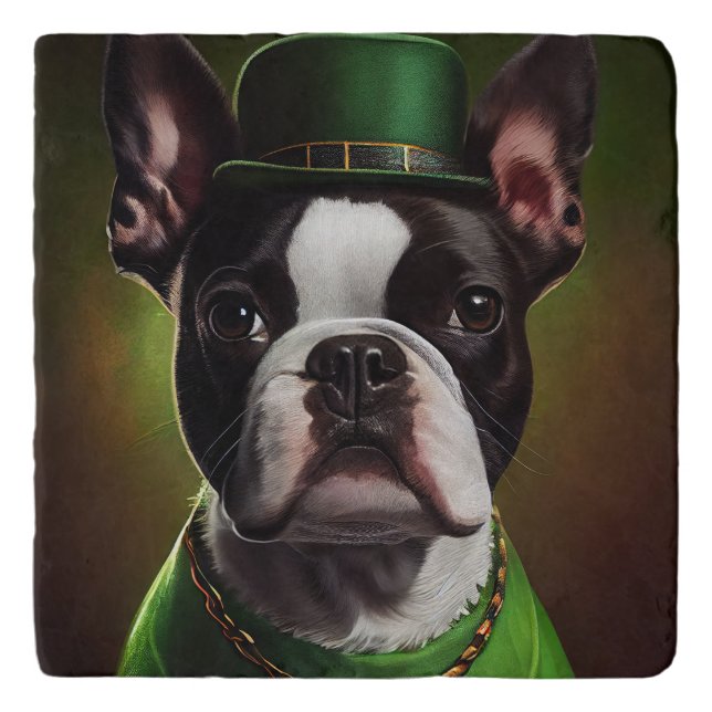 Boston Terrier dog in St. Patrick's Day Dress Trivet (Front)