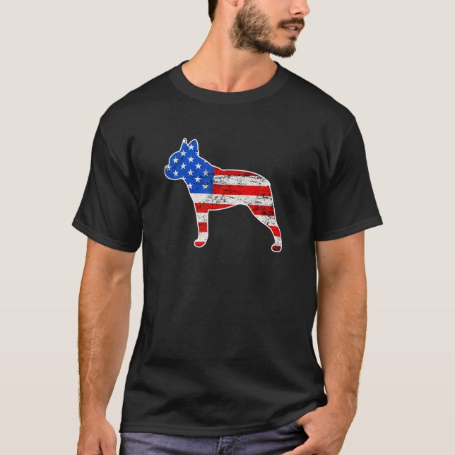 Boston Terrier Dog, July 4Th, Retro USA American F T-Shirt (Front)