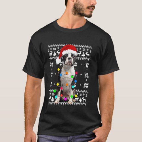 Boston Terrier Dog Lights Ugly Puppy Santa Hat Chr T_Shirt