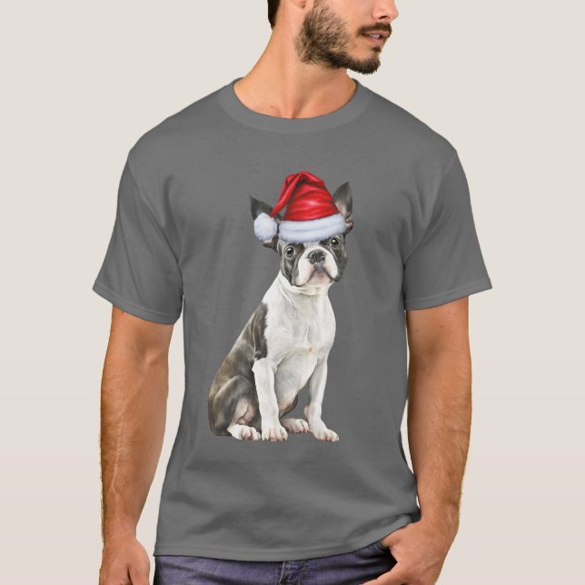 Boston Terrier Dog Lover Funny Christmas T-Shirt (Front)
