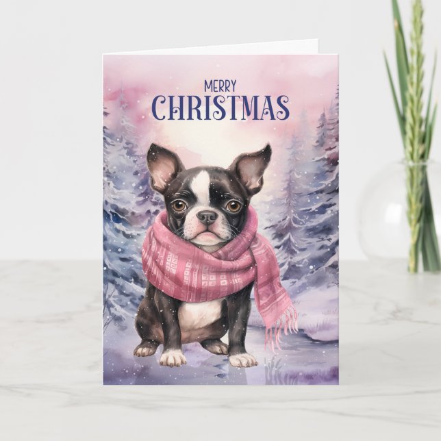 Boston Terrier Dog Merry Christmas Pink Forest Holiday Card (Front)