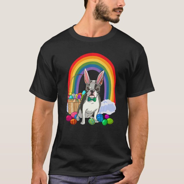 Boston Terrier Dog Mom Easter Eggs Bunny Rabbit T-Shirt (Front)