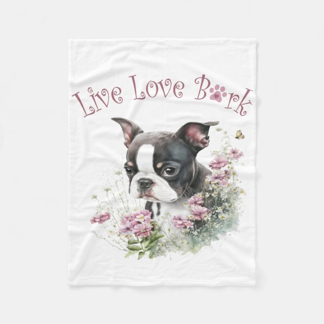 Boston Terrier Dog Mom Floral Fleece Blanket (Front)