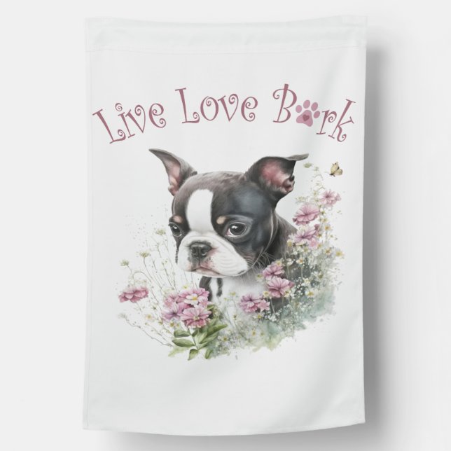 Boston Terrier Dog Mom Floral House Flag (Back)