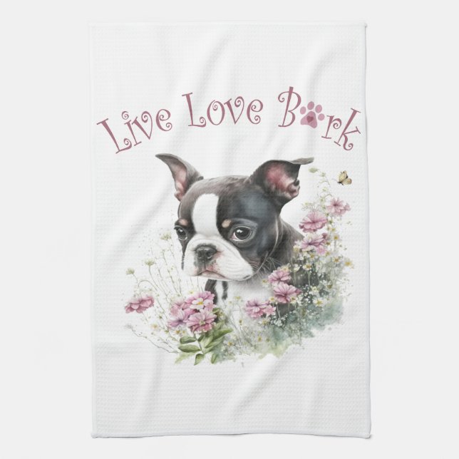 Boston Terrier Dog Mom Floral Kitchen Towel (Vertical)