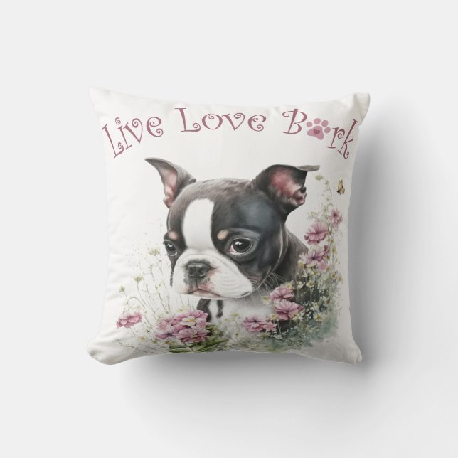 Boston Terrier Dog Mom Floral Throw Pillow (Front)