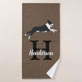 Boston Terrier Dog Monogram Last Name  Bath Towel Set
