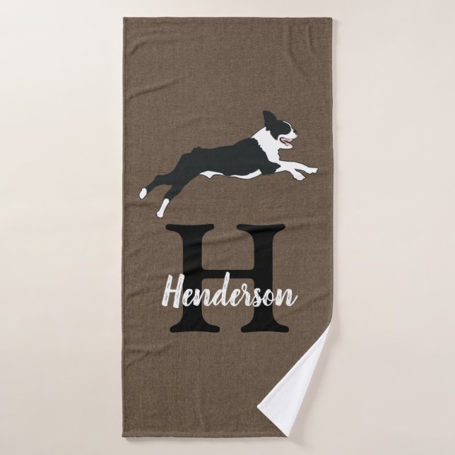 Boston Terrier Dog Monogram Last Name  Bath Towel Set (Bath Towel)