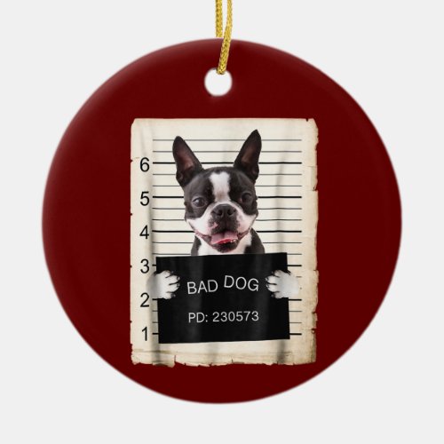 Boston terrier dog mug shot bad dog ceramic ornament
