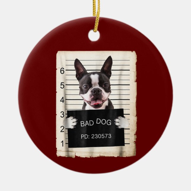 Boston terrier dog mug shot bad dog ceramic ornament (Front)