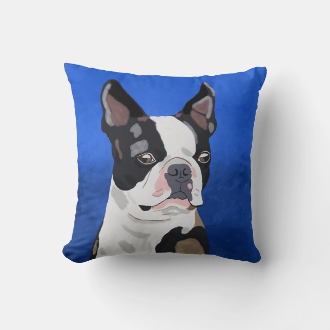 Boston Terrier Dog Oil Painting Art Portrait Throw Pillow (Front)
