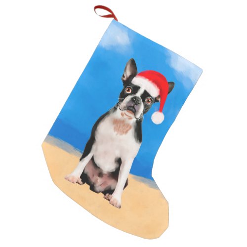 Boston Terrier Dog On Beach Christmas Hat Small Christmas Stocking