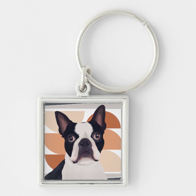 Boston Terrier Dog – Orange Geometric Keychain (Front)