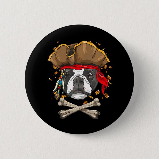 Boston Terrier Dog Pirate Jolly Roger Flag Button (Front)