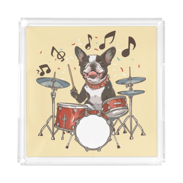 Boston Terrier Dog Playing Drums Acrylic Tray (Front)