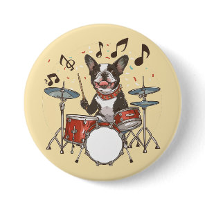 Boston Terrier Dog Playing Drums Button