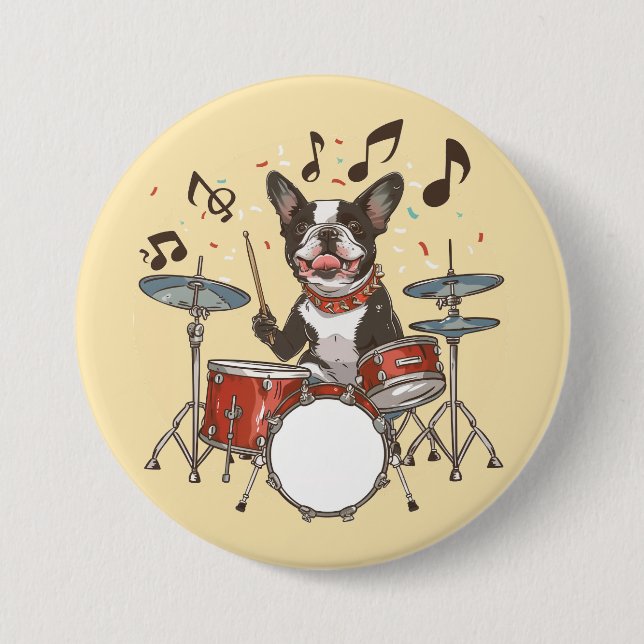 Boston Terrier Dog Playing Drums Button (Front)