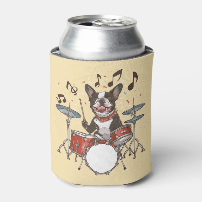 Boston Terrier Dog Playing Drums Can Cooler (Can Front)