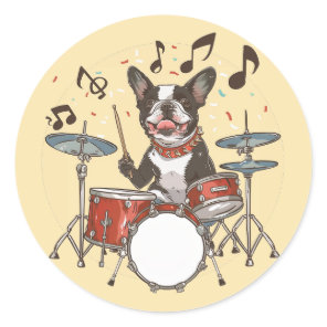 Boston Terrier Dog Playing Drums Classic Round Sticker