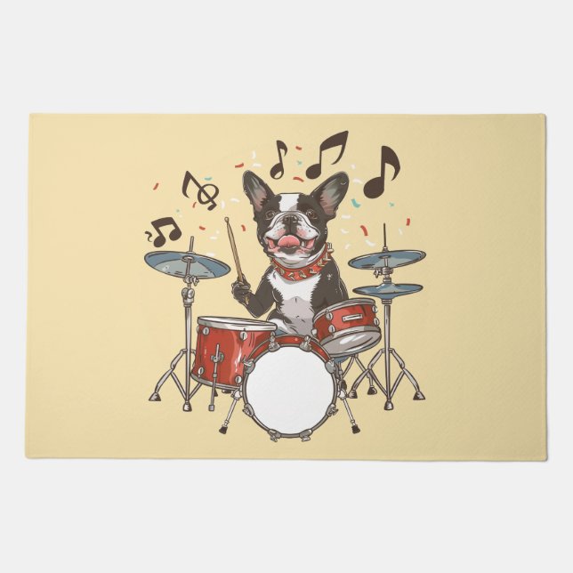 Boston Terrier Dog Playing Drums Doormat (Front)