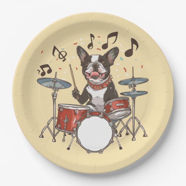 Boston Terrier Dog Playing Drums Paper Plates (Front)