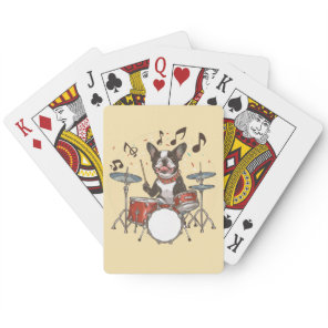 Boston Terrier Dog Playing Drums Poker Cards
