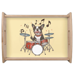Boston Terrier Dog Playing Drums Serving Tray