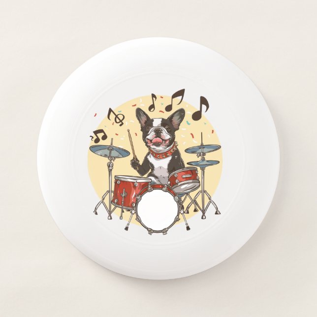 Boston Terrier Dog Playing Drums Wham-O Frisbee (Front)