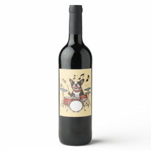 Boston Terrier Dog Playing Drums Wine Label